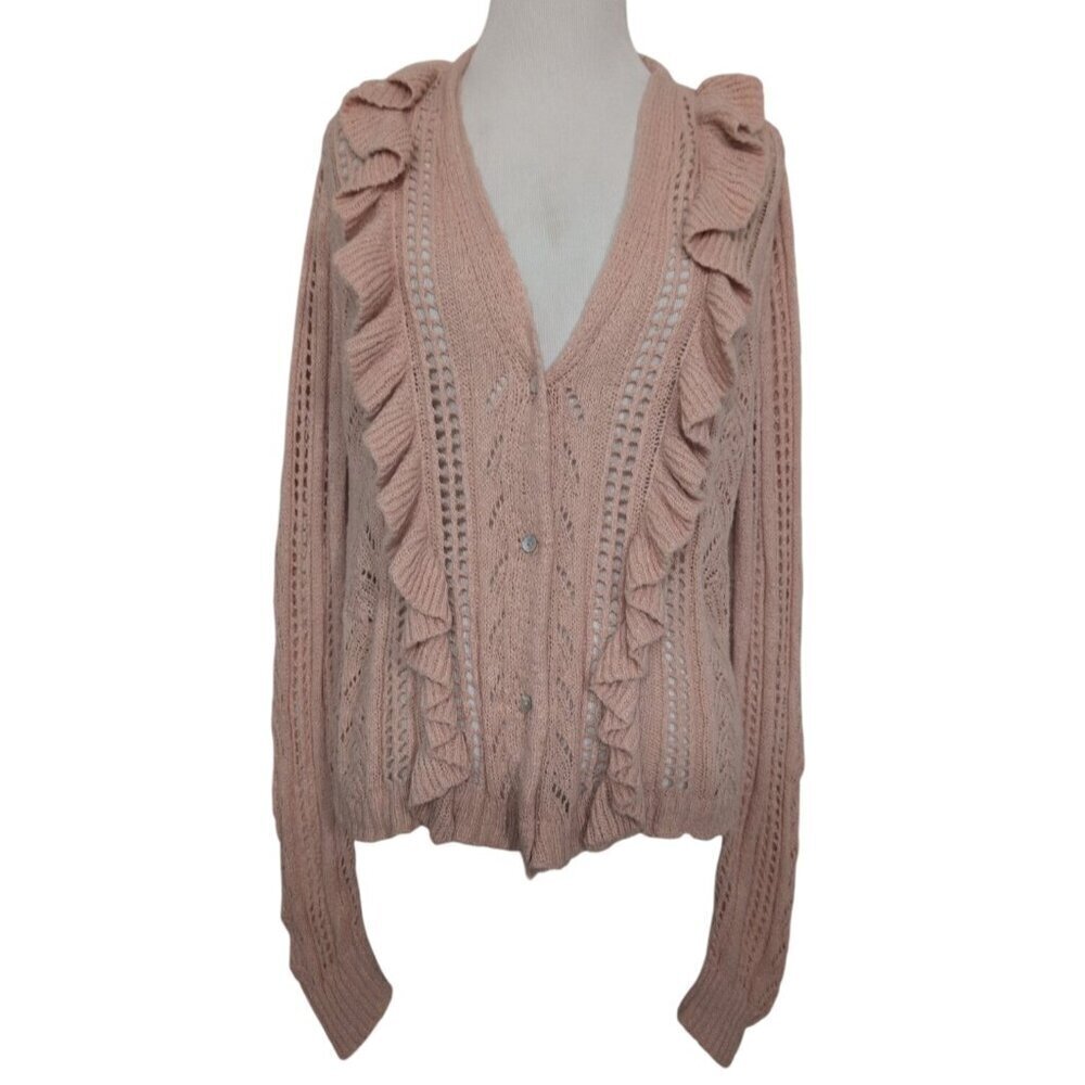 Cato Crochet Ruffle Cardigan Womens Size XL Baby Pink Long Sleeve Sweater